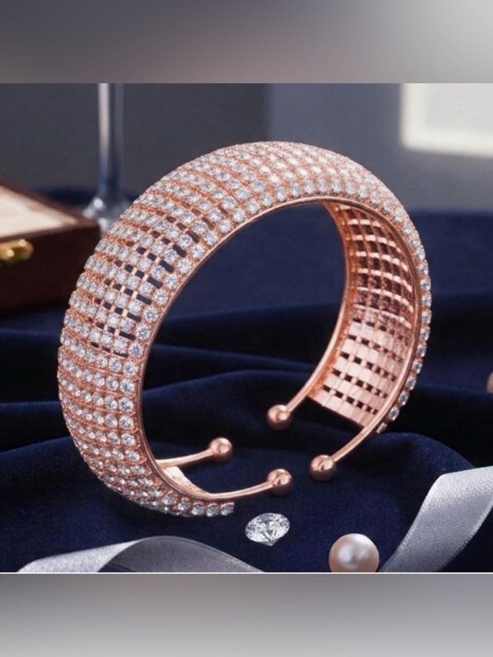 Vintage Rose Gold Wide Rhinestone Mesh Coil Wrap Cuff Bracelet Statement EUC